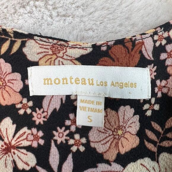 Monteau Los Angles Peplum Top Womens Small Brown Fall Floral Faux Wrap Vneck - Picture 7 of 8